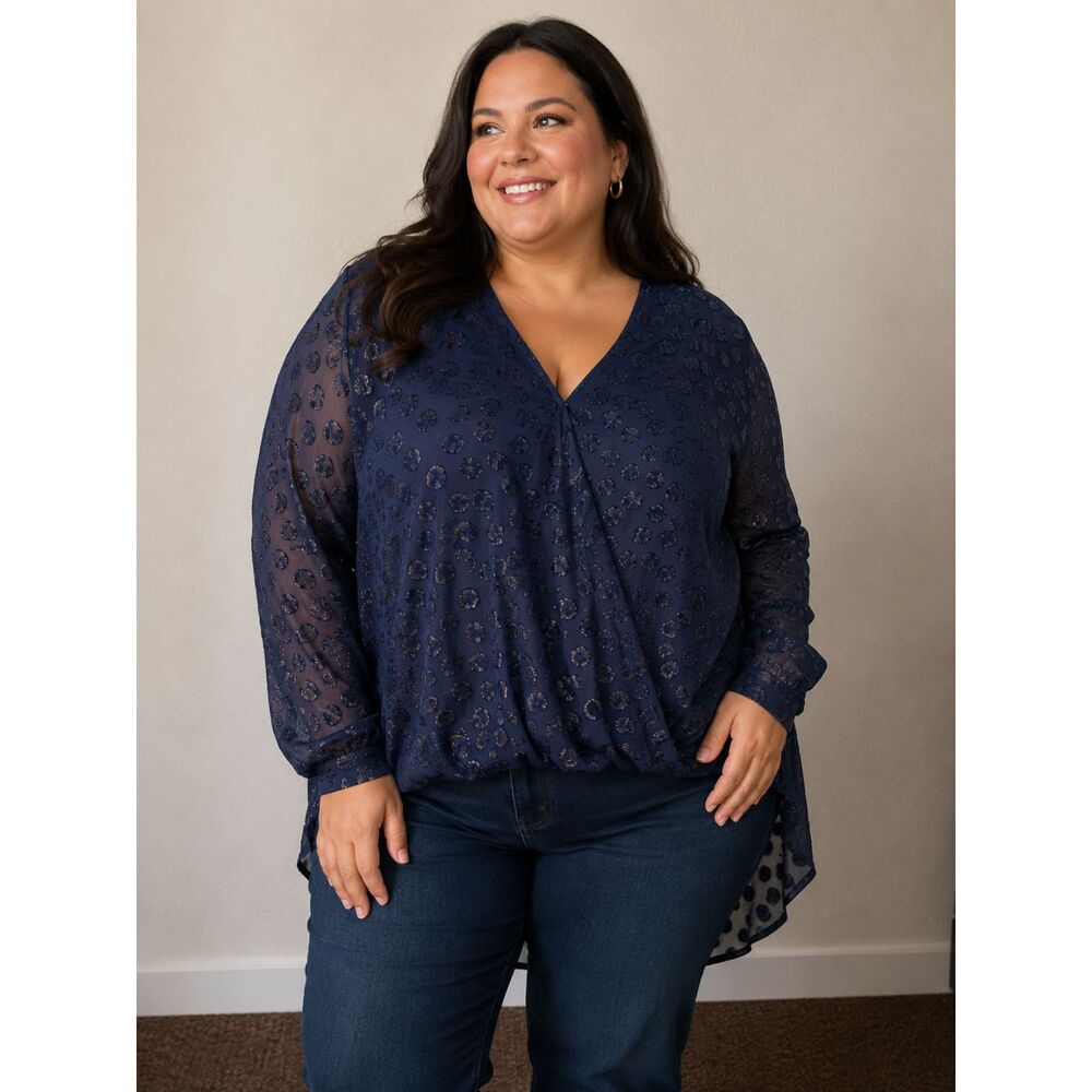 Jennifer Lopez Long-Sleeve Sheer V-Neck Blouse size XL Women's Top Extra Large